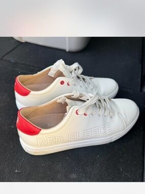White Sneakers with Red Heel Accent - Women's Casual Lace-Ups